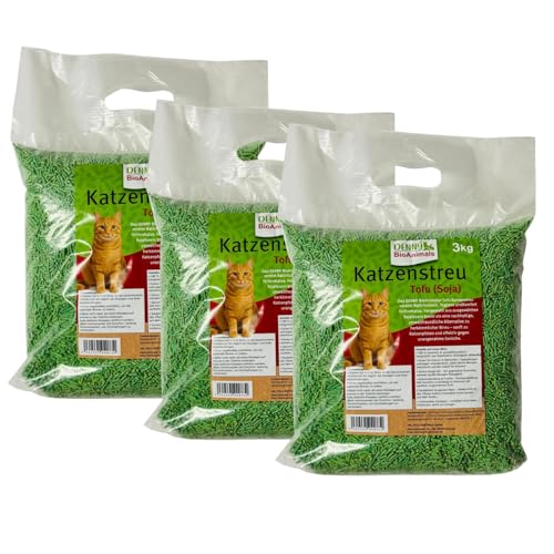 Denny BioAnimals Tofu Katzenstreu 9 kg/24L (3 Säcke je 3 kg) Schnell klumpend & staubfrei 100% pflanzlich biologisch abbaubar Leichtes Klumpstreu Geruchskontrolle im WC entsorgbar.