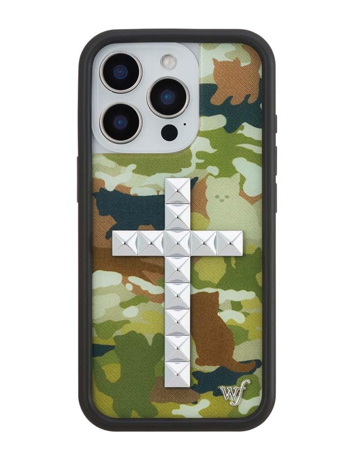 Image of Wildflower Cases - iPhone 16 Pro Compatible - Stud Cross Cat Camo | Impact-Certified 6.5 ft Drop Protection Case, Raised Protective Bumper, Cute Aesthetic Design, Women-Owned Small Business