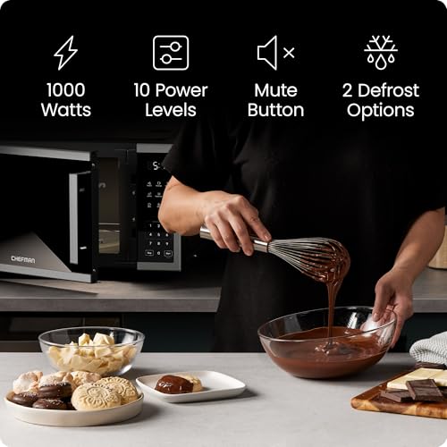 Image of Chefman Countertop Microwave Oven 1.1 Cu. Ft., 1000 Watts with 10 Power Levels, 3 Cooking Presets with One-Touch Express Cook, 2 Defrost Settings, Child Safety Lock, & Mute Button - Stainless Steel