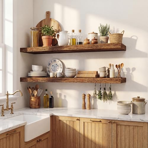 Image of Dreamland 40 Inches Floating Shelves for Wall, 9.3 inch Deep Long Floating Shelves Set of 2, Large Display & Storage Shelf, Wall Shelf for Bathroom Bedroom Living Room Kitchen Office, Rustic Brown