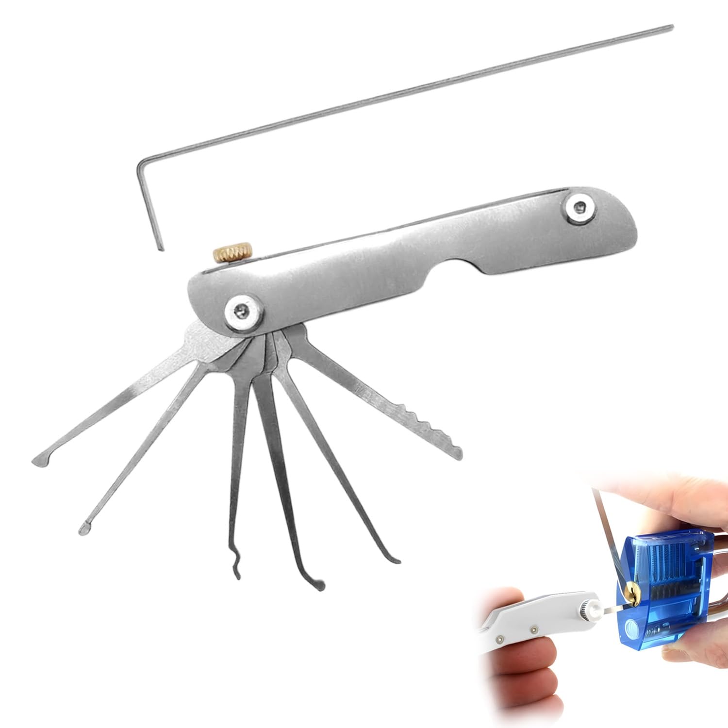 Kit di grimaldelli 7 in 1, portatile, pieghevole, in acciaio inox, per pratica e uso di emergenza, ideale per principianti