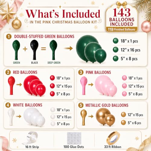 Image of Christmas Balloon Arch Kit - Green, Pink, Red, White & Gold Balloons