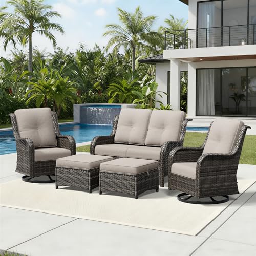 Image of Joyside 5 Piece Wicker Patio Furniture Set, Outdoor Swivel Rocker Patio Chairs with High Back, Deep Seating, Wide Armrest, Thickened Cushions, Outdoor Furniture for Deck, Porch Use