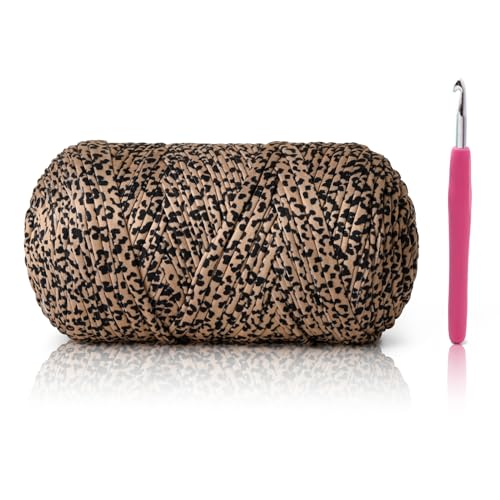 Image of Soft Tshirt Crochet Yarn, 400g /114yds High Elastic Hand Knitting Yarns, Thick T Shirt Yarn for Crocheting Bags, Baskets, Cushions, DIY Crafts（Leopard Print）
