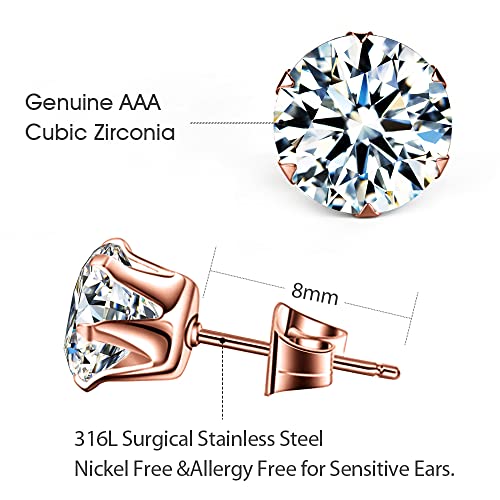 Uhibros Cubic Zirconia Earrings Studs For Women, 6 Pairs Hypoallergenic 316L Stainless Steel Stud Earrings Set 14K Gold Plated Multipack Cz Rose Gold Earrings For Mens 3-8Mm #TOP2