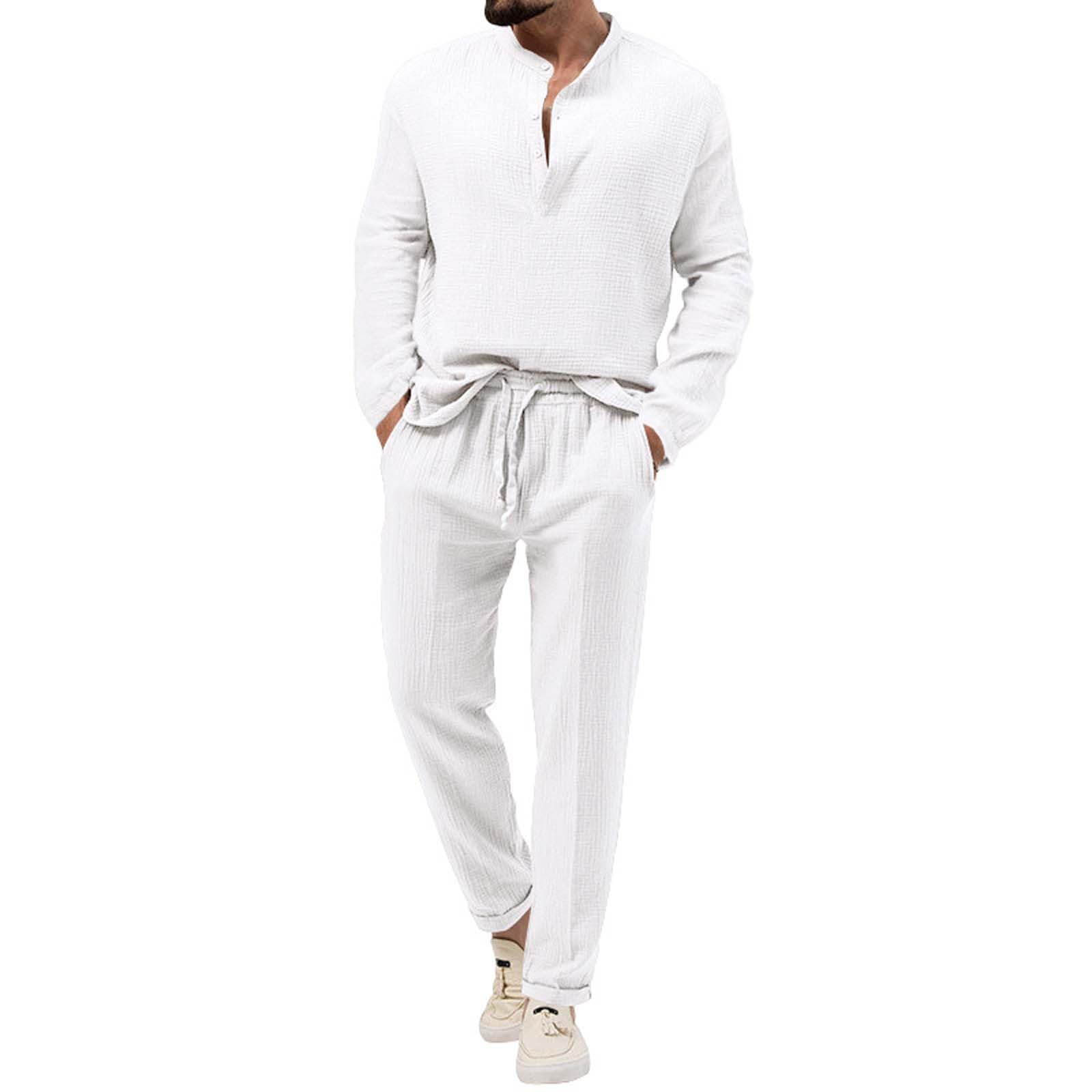 BOTCAM Traje coche hombres piezas algodón lino conjunto Henley camisa manga larga y pantalones de playa casuales verano yoga trajes traje hombre azul