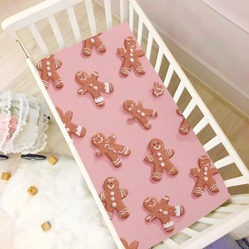 Image of Christmas Gingerbread Pinks Cute Crib Sheets Soft Breathable Fitted Baby Crib Sheets Mattress Cover for Girls Boys, 52 inch x 28 inch x 9 inch