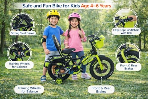 Image of Hero Galaxy 16T Kids Bicycle - Green Color | 16 Inch Children Cycle with Training Wheels | Strong Frame Kids Bike for Boys & Girls Age 4-6 Years|with Bell blk