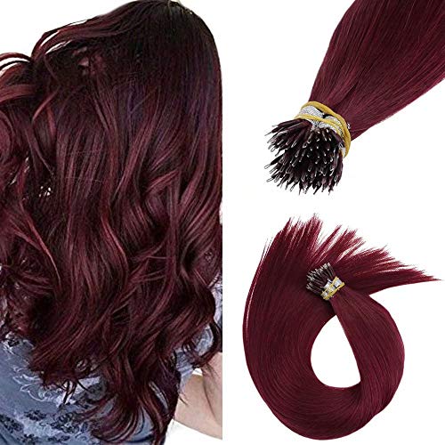 LaaVoo 14" Color Nano Tip Remy 100% Human Hair Extension Color 99J Wine Red Cold Fusion Hair 1g/Strand 50g Per Pack Human Hair