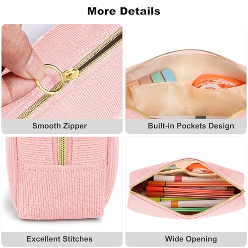 Image of FINPAC Pencil Case, Corduroy Aesthetic Makeup Bag, Cute Kawaii Pen Bag Pouch Holder Box Organize for Study, Office, or Travel (Pink)