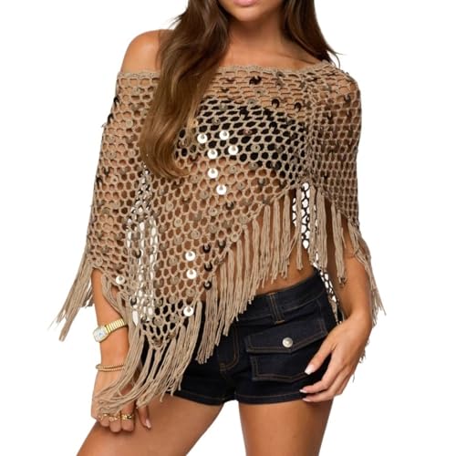 Fringe Sequin Crochet Poncho, Asymmetrical Ponchos Top Fashion Knit Mesh Beachwear Womens Sheer Shrug Knitted Cover Up
