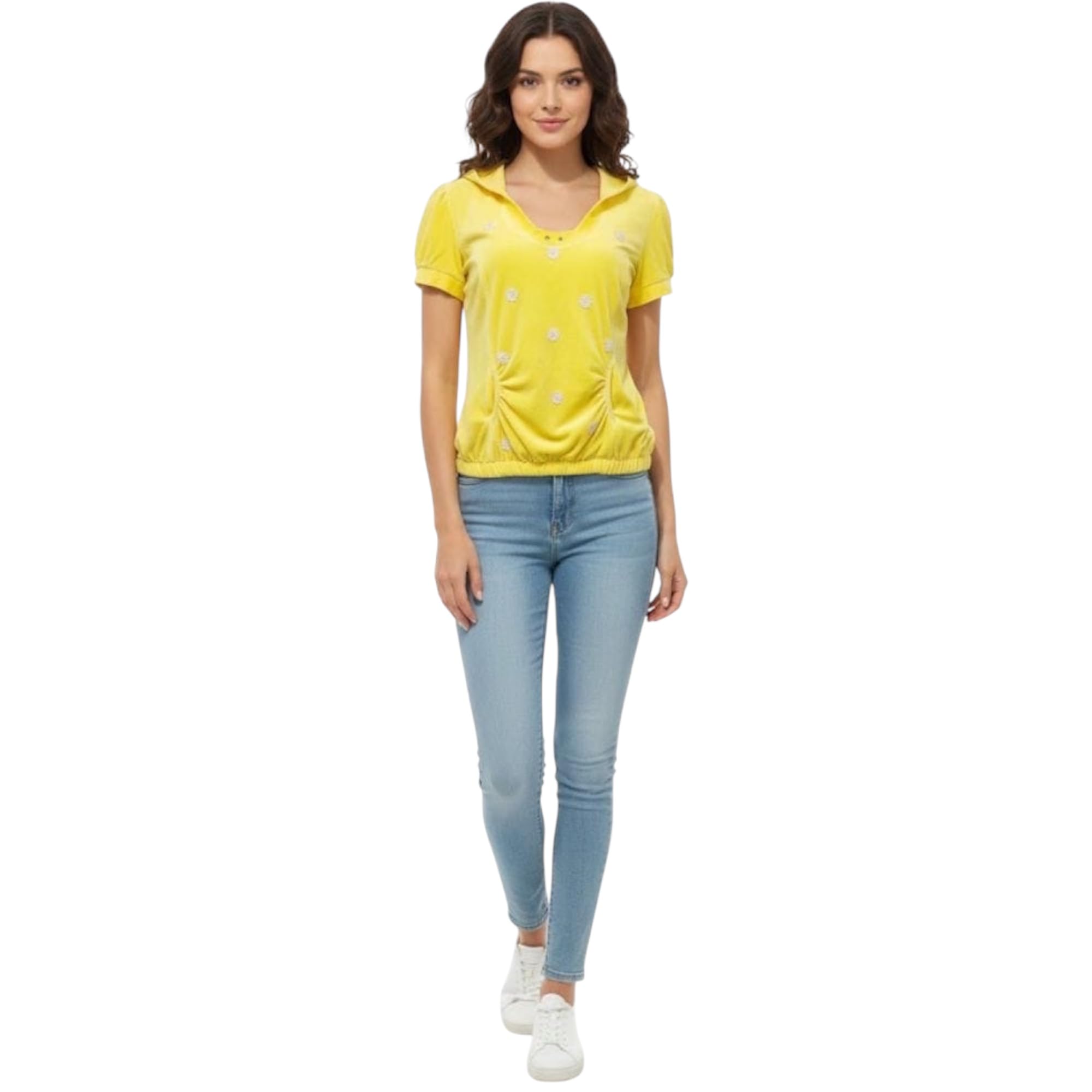 Women's Yellow Velvet Hooded Short Sleeve Sweatshirt with Daisy Buttons Casual Top L XL-image-38