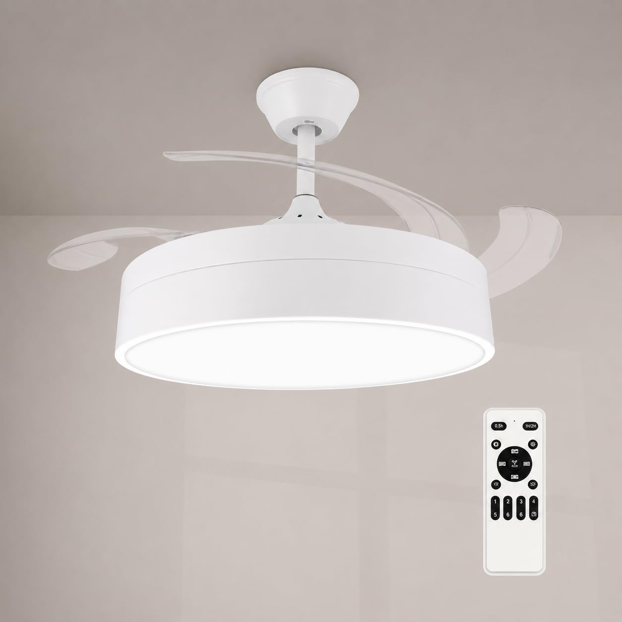 M Mimotec- Ventilador de Techo LED Messe White 72W con Luz CCT Regulable e Intensidad, Motor DC Ultrasilencioso, 6 Velocidades, 4 Aspas Retráctiles, Temporizador, Mando a Distancia
