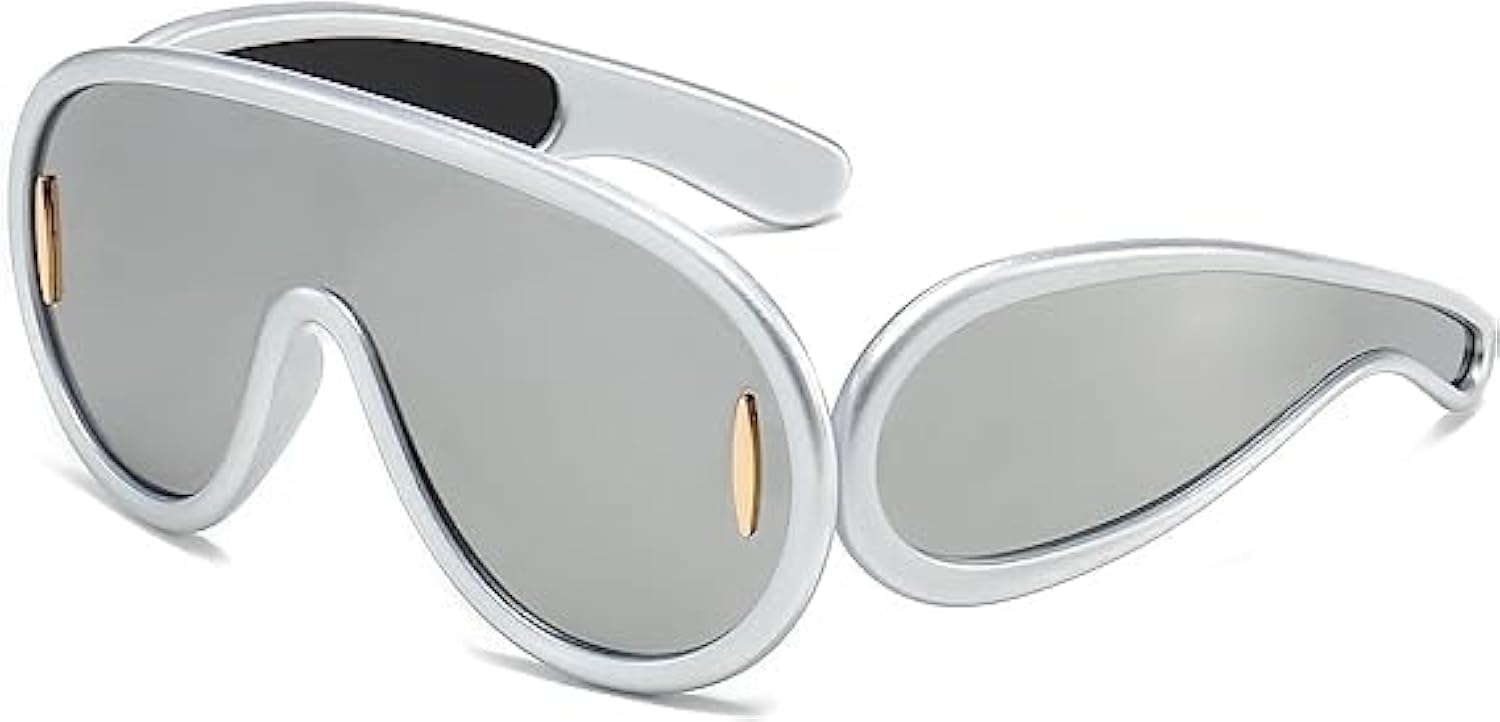 Fashion Wave Mask Sunglasses for Women Men Oversized Silver Mirrored Sun Glasses for Women Men Fashion One Piece Flat Top Shield Eyewear Mirrored Shades for Cycling Driving Vacation