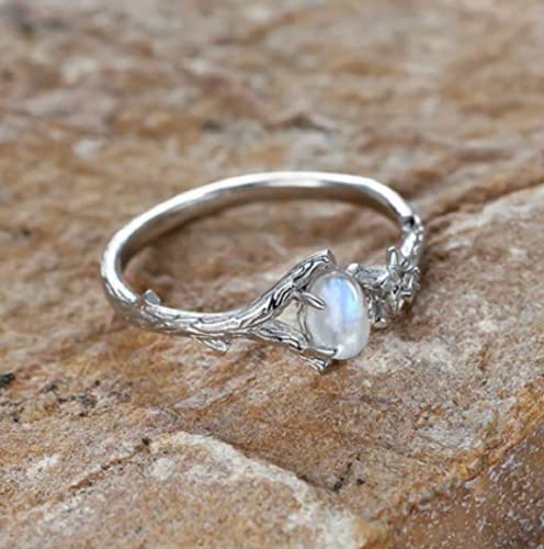 HUKQBUNX 925 Sterling Silver Natural Moonstone Ring Feminine Branch Flower Lady Shiny Wedding Engagement Ring Birthday Party Ring Size 6-10 (Size 8)2