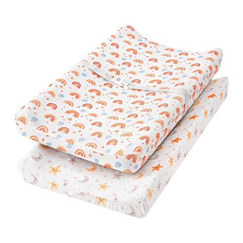 Image of TILLYOU Changing Pad Cover Set in Soft Jersey Material - Fits 32"/34''x16 Contoured Pad for Babies, Rainbow Bee & Star Moon