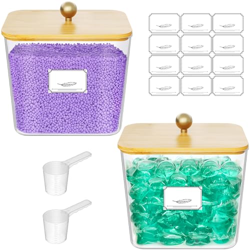 Lifewit 2 Stück 2700 ml/0.72gal Wäsche Pods Behälter mit Etiketten und Löffeln Waschpulver Aufbewahrungsbox mit Bambusdeckel Waschmittelbox Waschmittel Aufbewahrung für Pulver Perle Duft Booster