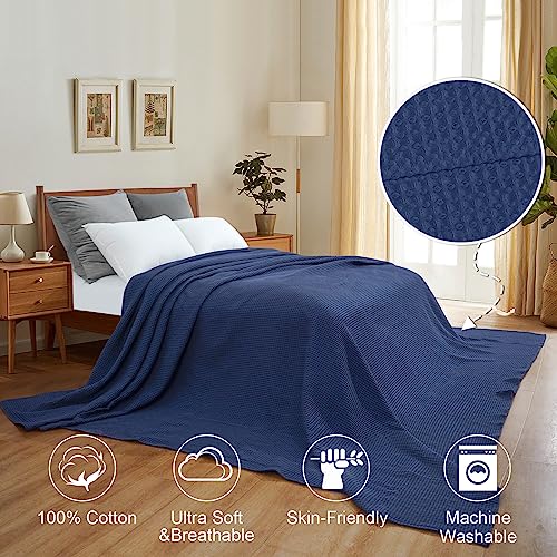 Image of PHF 100 Cotton Waffle Big Family Oversized Blanket, 120 inch X 120 inch Bright Blue | Pre-washed Natural Soft Cozy Lightweight Breathable, Textured Decorative Layer for Bed Guest Room, Machine Washable, Giftable