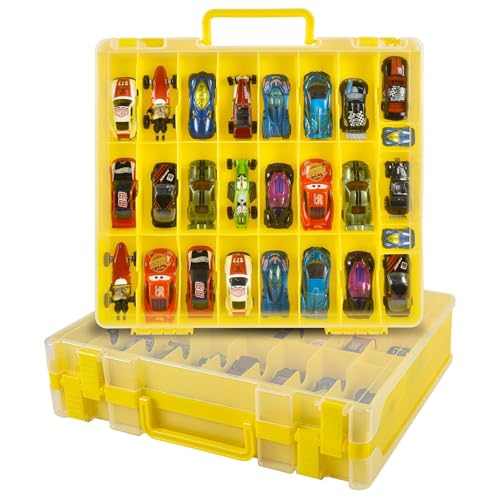 Caixa organizadora de armazenamento de carro de brinquedo compatível com Hot Wheels/para carros Matchbox. Suporte de contêiner de transporte para exibição para bonecas LOL Surprise/para Shopkins com 48 compartimentos, dois lados, amarelo (apenas caixa)
