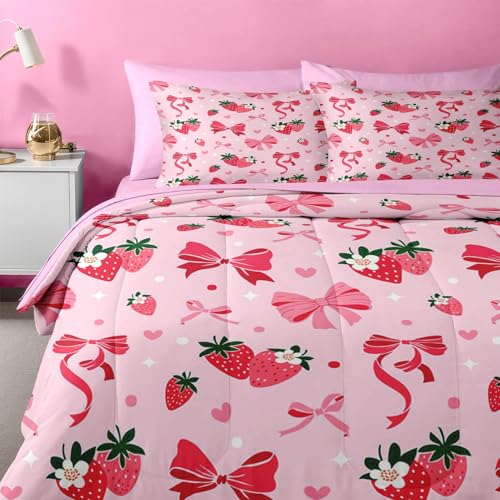 Image of Nesker Bow Comforter Set Twin Size, 5 Pieces Bed in a Bag, Pink Bow Bedding Set for Girls, Kawaii Strawberry Comforter Set with 1 Pillowcase & 1 Sham