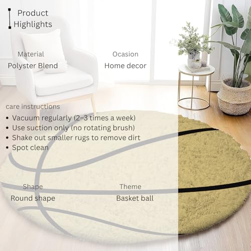 Image of Modern Shaggy Round Rug | Ultra-Soft Plush Circle Carpet for Living Room, Bedroom, Nursery | Fuzzy, Fluffy Area Rug with Non-Slip Base Gold Ball 7x7 feet