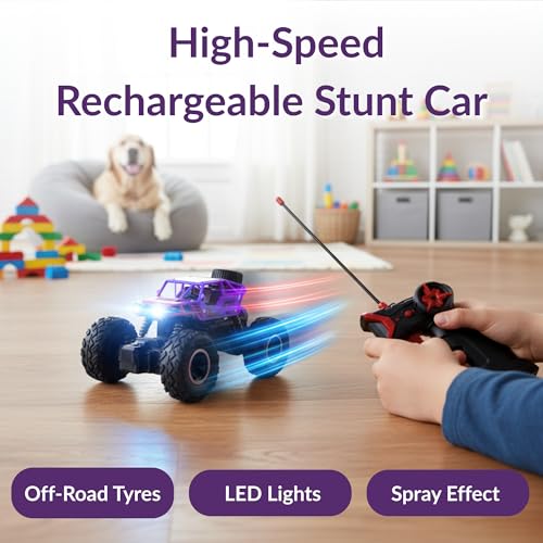 Image of Lilplay Monster Truck | Rechargeable Remote Control Car for Kids | Rock Crawler 5 Function 1:18 RC Car with Smoke | Offroad High Speed Rock Climbing Toys for Boys (Purple)