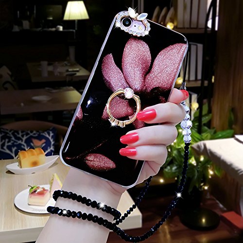Kompatibel mit iPhone 8 Plus Hülle,iPhone 7 Plus Hülle,Bunte Schwarz Blumen Muster Glänzend Glitzer Kristall Strass Diamanten Mit Ring Ständer TPU