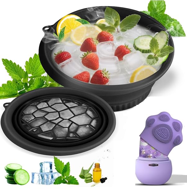 Finalize Face Bowl for Ice with Built-in Icetray, Portable Foldable Silicone Ice Facial Bowl, for Home Ice Bath Facial (Black)