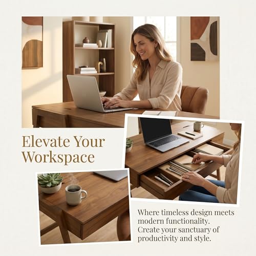 Image of HNY 59 Inches Walnut Wooden Writing Desk with 3 Drawers, Computer Study Table with MDF Top, Solid Rubberwood Legs and Hidden Cable Management Holes, Corner Makeup Vanity Desk for Home Office, Bedroom