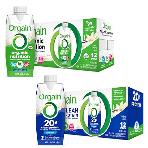 Orgain Protein Shakes Bundle - Grass Fed Whey and Milk Protein, Vanilla Flavored (12 Pack)