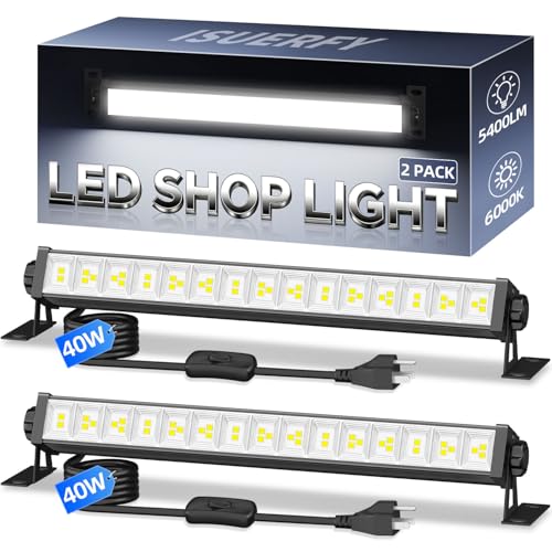 ISUERFY 40W LED Shop Light 5400LM Brighter Plug in Garage Light with On/Off Switch & 6.6FT Cord 6000K Daylight White Workshop Bay Lighting for Garage Workbench Warehouse Factory Basement 2 Pack