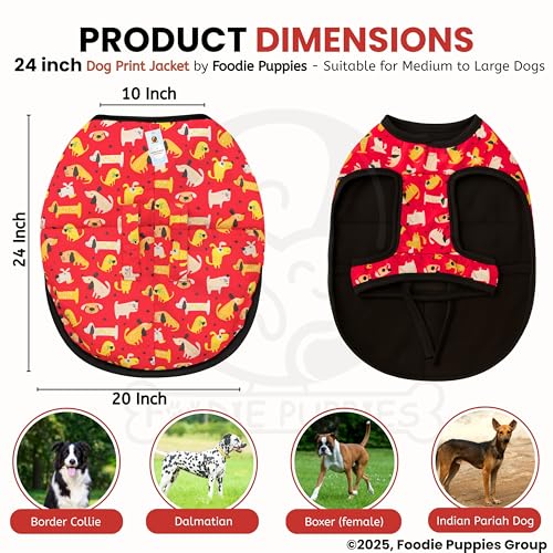 Image of Foodie Puppies Dog Winter Jacket - (Dog Printed, 24 Inch) for Medium to Large Dogs | Ultra Warm Waterproof & Windproof Coat | Adjustable Velcro Closure, Washable Vest for Cold Weather