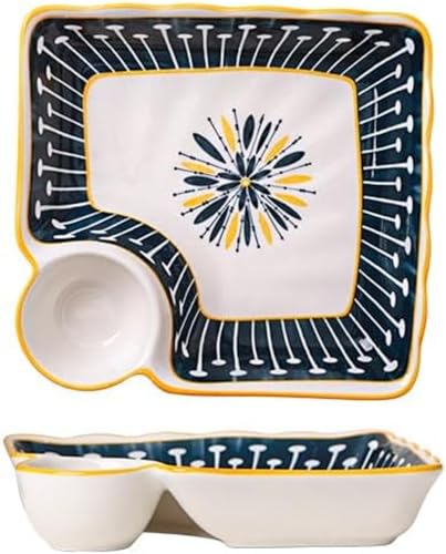 陶器餃子皿2枚セット、ディナープレート、分??割皿、餃子皿、陶器食器、レトロ仕切りディナー皿、餃子皿 釉裏リボン酢皿 (D)