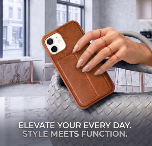 Image of amazon basics Luxury Vegan Leather Back Cover for iPhone 11 | Built-in Card Holder Slot | Integrated Mobile Stand | Slim Shockproof Protective Case with Stitched Finish - Tan