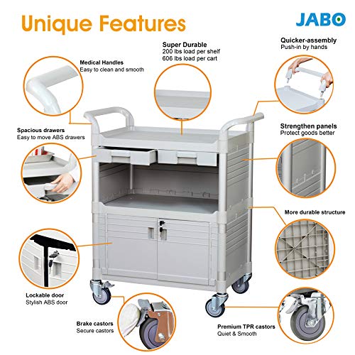 JaboEquip, 3 Shelf Heavy Duty Lockable Medical cart with Drawers, Hospital cart Utility Cart 606 lbs for Medical, L34.43xD19.69 inch, Off-White (Light Grey) Color - Thumbnail 5