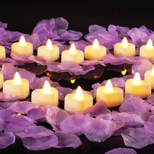 Homemory Rose Petals and Candles Set for Romantic Decorations Special Night, 2000 Pcs Purple Rose Petals with 24 Pcs LED Heart Candles Lights for Proposal, Anniversary, Birthday, Wedding Decor