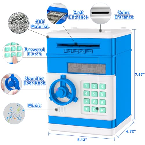 JUNEU Piggy Bank for Kids, 3 4 5 6 7 8 Year Old Boys Toys, Electronic Money Saving Box for Kids, Mini ATM Coin Bank, Birthday Gifts for Boys, Cool Stuff, Ideas, White Elephant Gifts