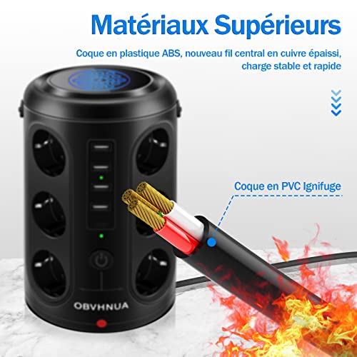 OBVHNUA 18 en 1 Multiprise Electrique 12 Prises 5 Ports USB Tour Multiprise 15W Charge sans Fil Parasurtenseur 2500W/15A Prise Verticale avec Protection Contre Surcharges pour Bureau Maison Cuisine – Image 6