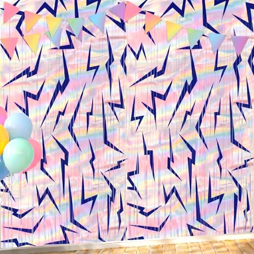 Image of Tiamon 2 Pack Kpop Party Decorations 3.3 x 6.6 Ft Foil Fringe Curtains Backdrop Purple Lightning Energy Holographic Rainbow Tinsel Streamers Photo Booth for Girls Birthday Party Supplies