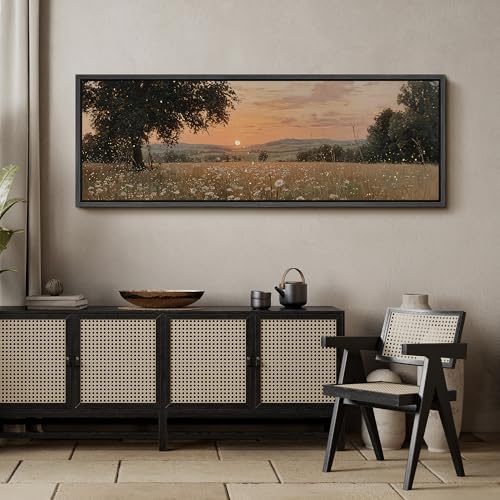 Image of MUDECOR Large Framed Canvas Print Wall Art Golden Sunset Meadow with Wildflowers Warm Landscape Antique Retro Ready to Hang Painting for Living Room Bedroom Multi-Sizes - 60 inchx20 inch
