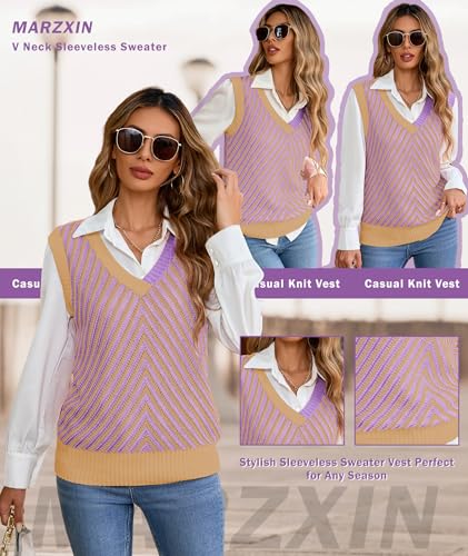 Image of MARZXIN Women Sleeveless Sweater V Neck Casual 2026 Fall Knitted Chevron V Neck Sweater Vest Color Block Pullover Sweater Top