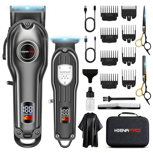HIENA PRO Professional Hair Clippers Set for Men, Cordless Barber Clipper Berad Trimmer Set, Hair Cutting Machine Kit, Rechargeable Clipper Set for Barbers with LED Display (Black)