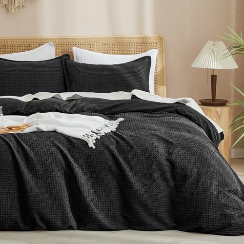 Image of PHF Waffle Weave Duvet Cover Set Queen Size, No Snagging Ultra Soft Luxury Textured Breathable Comforter Cover for All Season 3pcs, Durable Bedding Duvet Set with 2 Pillow Shams, 90 inchx90 inch, Black