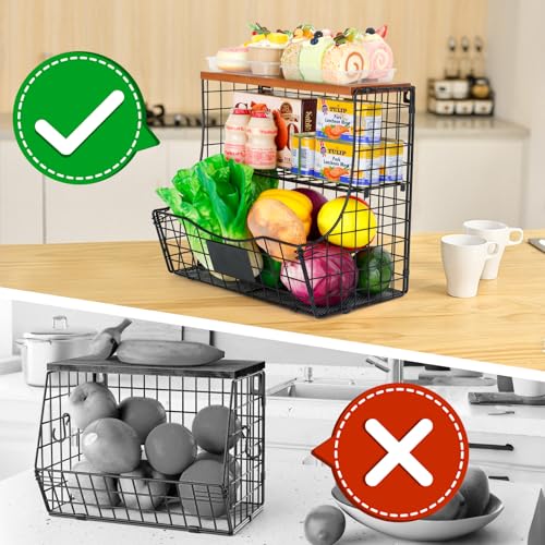 Wuciray 2pcs Obstkorb Hängend Gemüse Aufbewahrung mit Holzdeckel Hängekorb Wand mit Schäler und 5 Haken Obst Etagere fur Aufbewahrung Von… – Ansicht 4