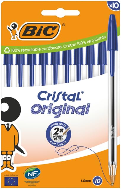 BIC Cristal Original Bolígrafos Bolita Punta Media (1,00 mm) - Azul, Caja de cartón de 10