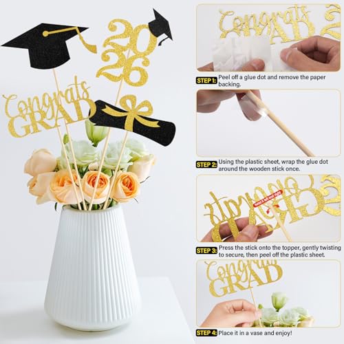Image of Graduation Decorations 2026, 16PCS Graduation Centerpieces for Tables, Class of 2026 Graduation Party Decorations, Gold and Black Grad Party Decors Table Toppers Sticks