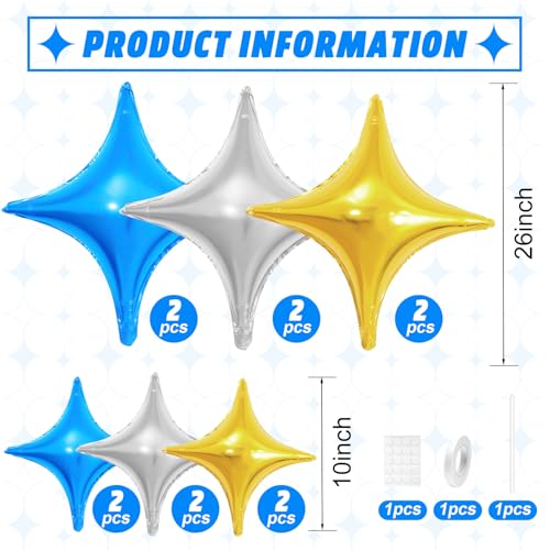 Image of Blue Gold Silver Star Balloons,12Pcs Four Angle Star Foil Balloons | 26Inch and 10Inch Blue Gold Silver Quadrangle Star Helium Balloon for Birthday Graduations Wedding Party Decorations