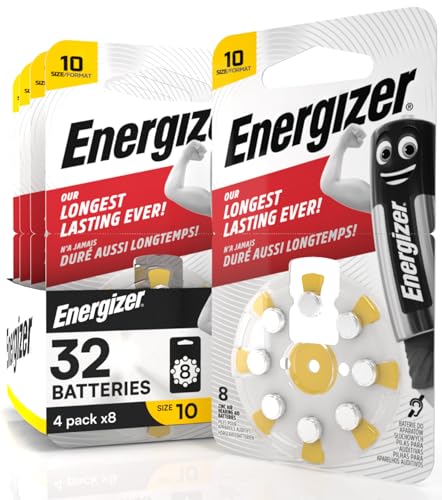 32 Batterie Acustiche Energizer per Apparecchi Acustici Auricolari Misura 10 Giallo con Tecnologia PowerSeal - 4 Blister da 8 Pile