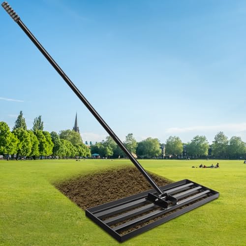 Râteau de nivellement de pelouse de 43,2 x 25,4 cm pour sol avec poignée réglable de 210,8 cm, niveleur de pelouse en fer soudé au laser, râteau de nivellement de cour robuste anti-lèvre pour sol