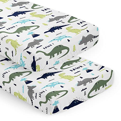Image of Sweet Jojo Designs 2-Piece Baby Crib Sheets Set (Modern Boho Dinosaur) for Boys, Infant Nursery, Toddler Room - Fitted, Standard Size (Bohemian, Mod Dinosaurs, Prehistoric, Turquoise Blue, Green)